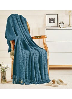 Soft Cozy Knit Blanket with Tassels for Couch and Bed Blue