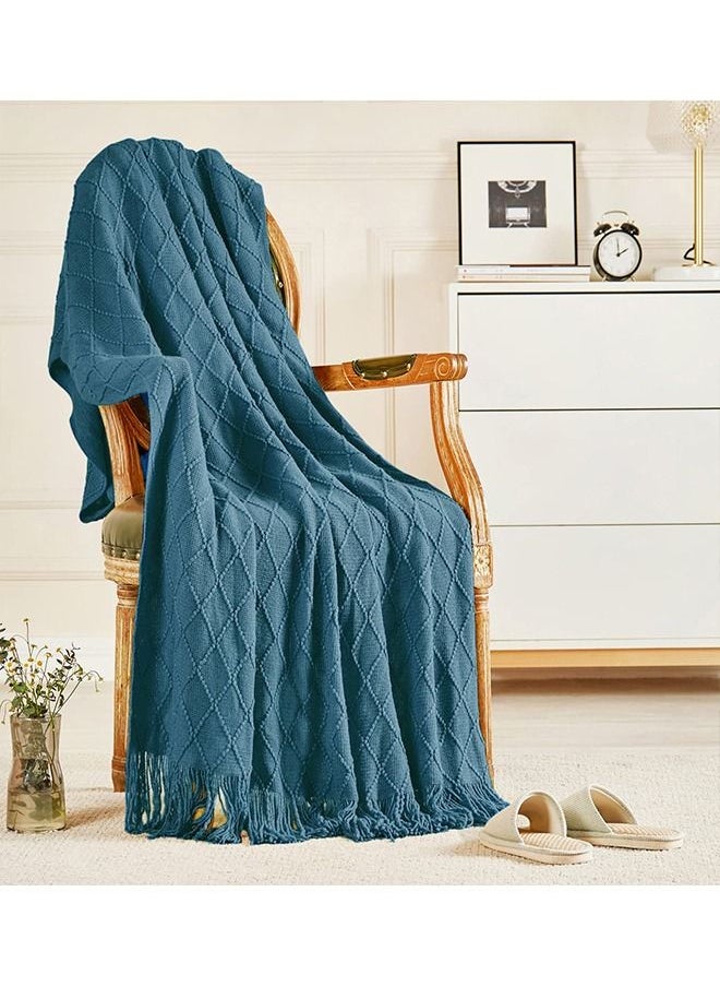 Arabest - Soft Cozy Knit Blanket with Tassels for Couch and Bed Blue - Image 1
