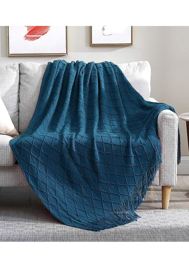 Arabest - Soft Cozy Knit Blanket with Tassels for Couch and Bed Blue - Image 1