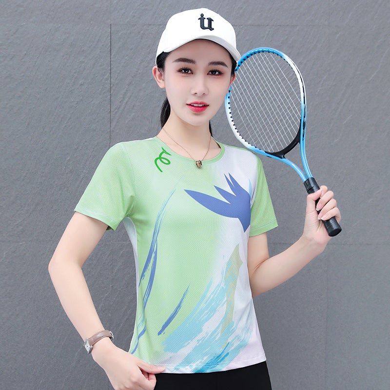 Ice Silk Elastic Quick-Drying Casual Short-Sleeve Round Neck Printed T-Shirt Women'S Summer Mesh Breathable Straight Sports T-Shirt - Image 1