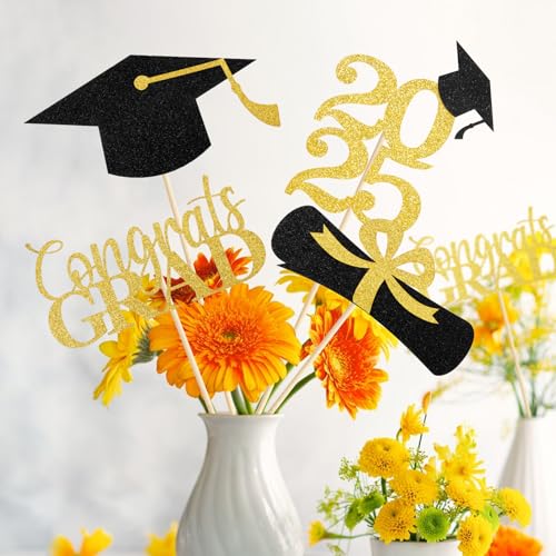Mljsh Graduation Decorations 2025, 16 PCS Black Gold Graduation Centerpieces for Tables, Double-Sided Table Toppers Centerpieces, Class of 2025 Grad Party Decorations 2025 - Image 2