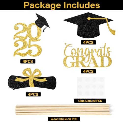 Mljsh Graduation Decorations 2025, 16 PCS Black Gold Graduation Centerpieces for Tables, Double-Sided Table Toppers Centerpieces, Class of 2025 Grad Party Decorations 2025 - Image 3