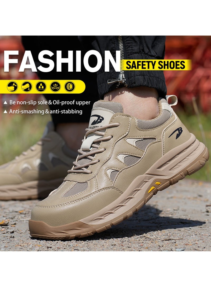 Breathable labor protection shoes, anti-smash and anti-puncture steel toe safety shoes, comfortable and wear-resistant work shoes, lightweight adventure sports shoes khaki - Image 5