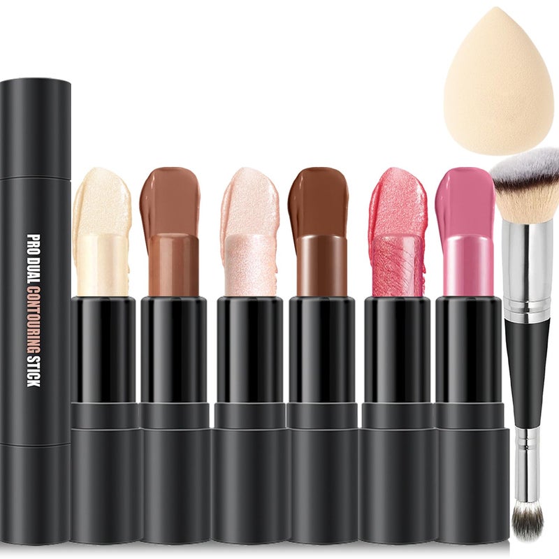 LemonSac 6 Colors Cream Contour Stick Makeup Kit, Shades with Highlighter, Blush and Double-End Bronzer Contour Stick for Sculpt the Cheeks, Long Lasting, Waterproof, Matte & Dewy Finish(SET A) - Image 1