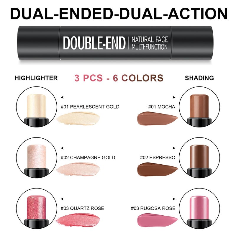 LemonSac 6 Colors Cream Contour Stick Makeup Kit, Shades with Highlighter, Blush and Double-End Bronzer Contour Stick for Sculpt the Cheeks, Long Lasting, Waterproof, Matte & Dewy Finish(SET A) - Image 4