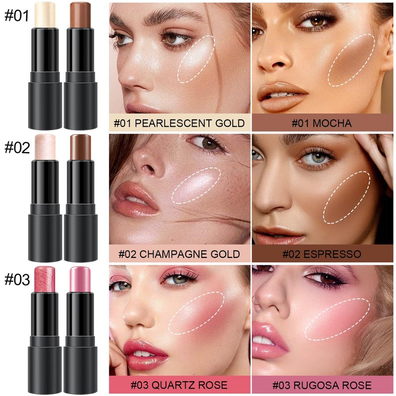 LemonSac 6 Colors Cream Contour Stick Makeup Kit, Shades with Highlighter, Blush and Double-End Bronzer Contour Stick for Sculpt the Cheeks, Long Lasting, Waterproof, Matte & Dewy Finish(SET A) - Image 2