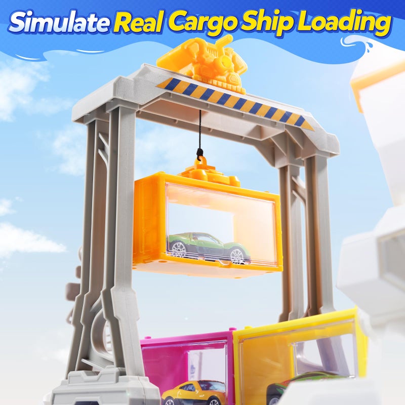 CUTE STONE Cargo Ship Toy & Gantry Crane, Toy Boat and Crane Playset with Sounds & Lights, Transport Containers, Push and Go Vehicle Cars, Kids Play Boats for Boys Girls - Image 4