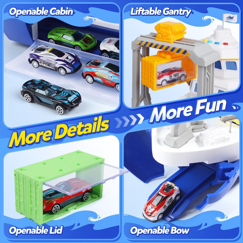 CUTE STONE Cargo Ship Toy & Gantry Crane, Toy Boat and Crane Playset with Sounds & Lights, Transport Containers, Push and Go Vehicle Cars, Kids Play Boats for Boys Girls - Image 3