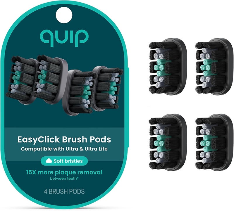 quip Ultra and Ultra Lite EasyClick Brush Pod Refill Heads - 4 Pack - Verified Brush Head Refills for Sonic Electric Toothbrushes - Soft Bristles, Compact - Last 3 Months Each - Black - Image 1