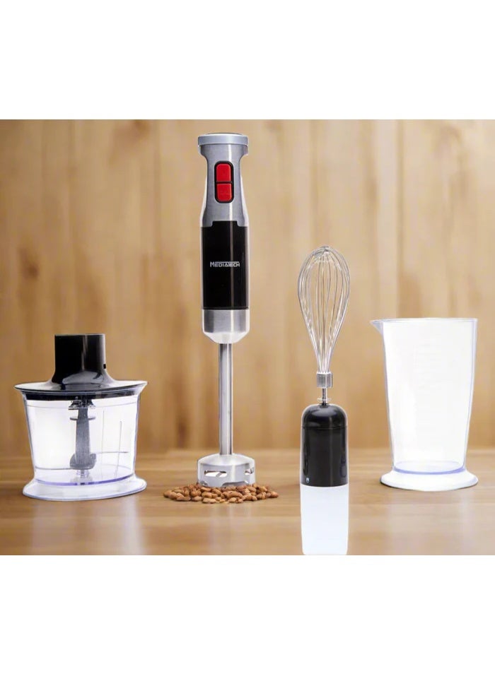 ميدياتيك خلاط يدوي MediaTech Full Mix Pro، بقوة 1200W واط، محرك نحاسي، سرعتان، فرامة بسعة 0.5 لتر، 4 شفرات من الفولاذ المقاوم للصدأ، كوب قياس بسعة 700 مل، مضرب بيض، هراسة MT-HB55 - أسود (ضمان لمدة سنتين) - Image 5