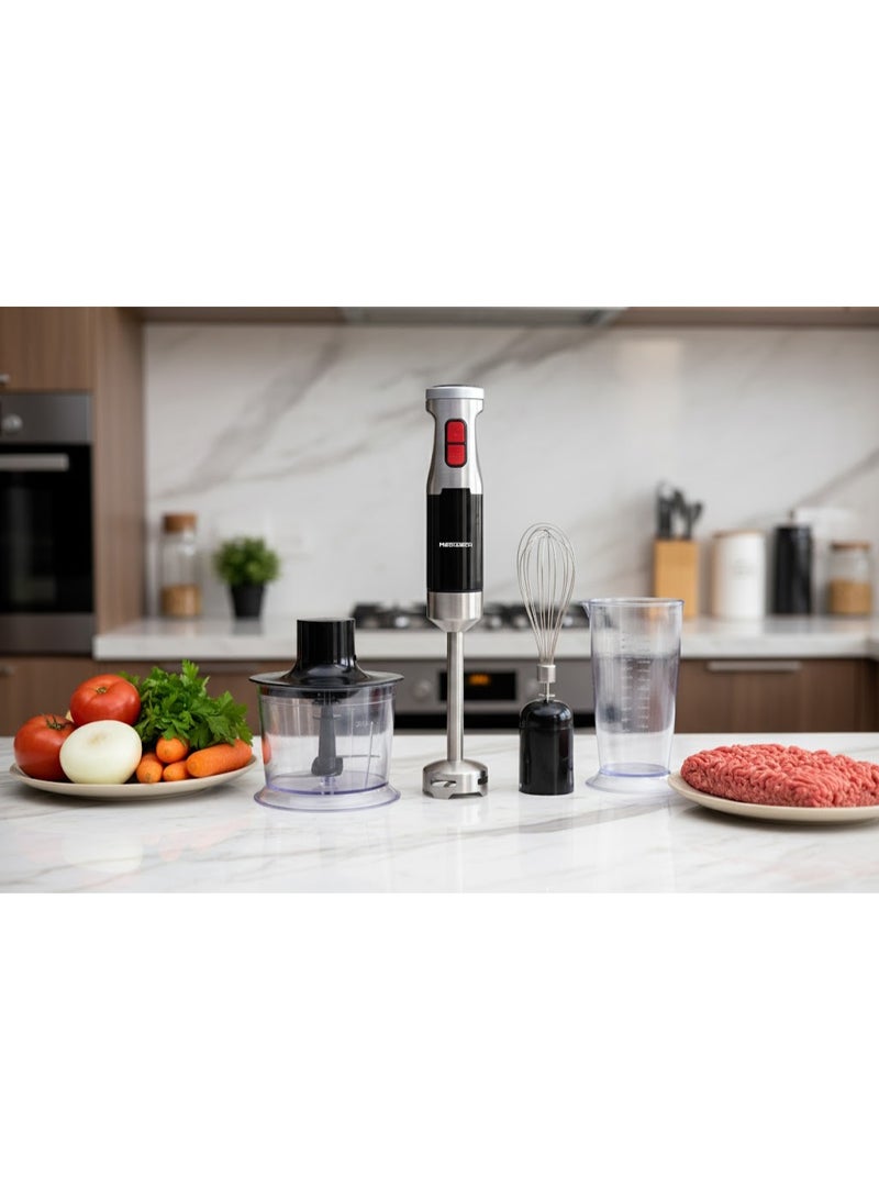 ميدياتيك خلاط يدوي MediaTech Full Mix Pro، بقوة 1200W واط، محرك نحاسي، سرعتان، فرامة بسعة 0.5 لتر، 4 شفرات من الفولاذ المقاوم للصدأ، كوب قياس بسعة 700 مل، مضرب بيض، هراسة MT-HB55 - أسود (ضمان لمدة سنتين) - Image 2