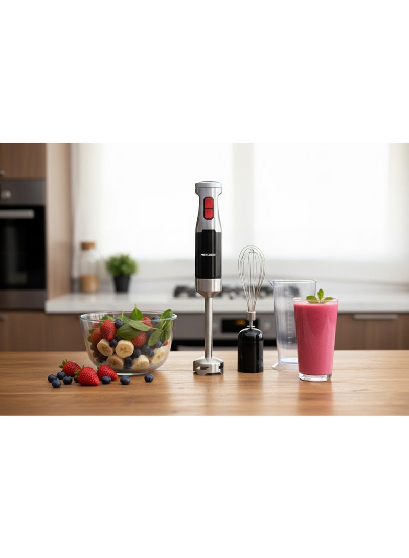 ميدياتيك خلاط يدوي MediaTech Full Mix Pro، بقوة 1200W واط، محرك نحاسي، سرعتان، فرامة بسعة 0.5 لتر، 4 شفرات من الفولاذ المقاوم للصدأ، كوب قياس بسعة 700 مل، مضرب بيض، هراسة MT-HB55 - أسود (ضمان لمدة سنتين) - Image 3