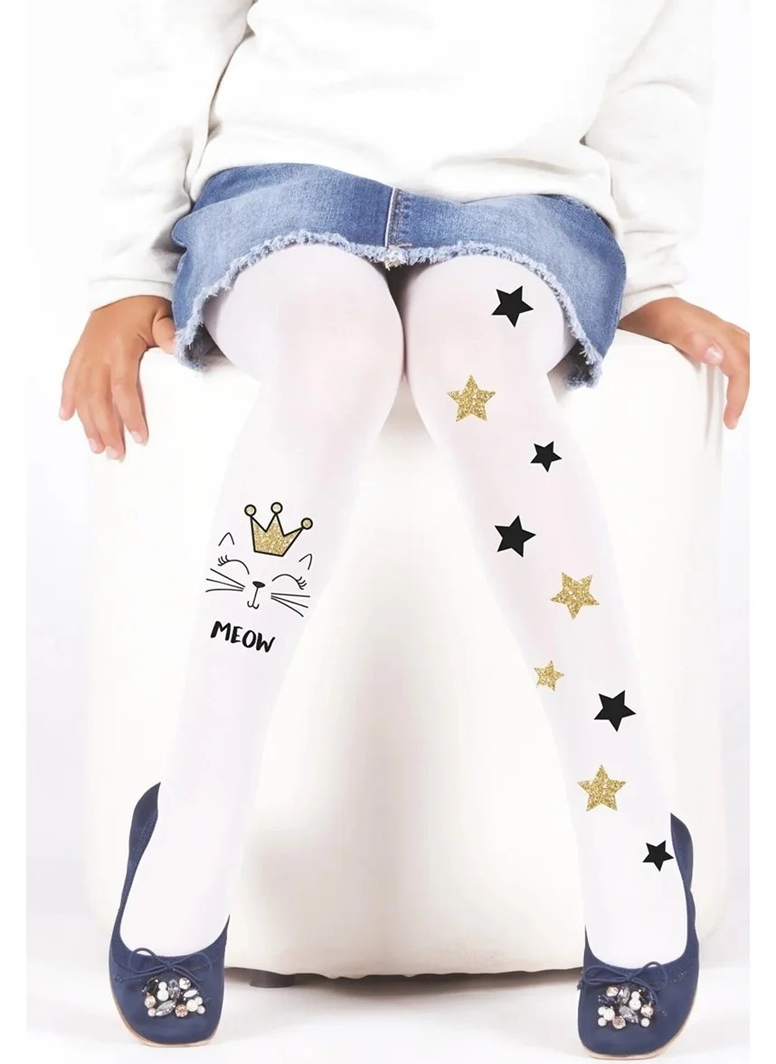 دايمود Meow Cat and Star Patterned White Kids Tights