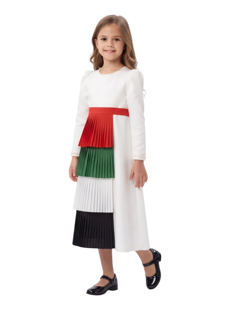 بيداني Girls 2-in-1 UAE National Day White Dress with Detachable Pleated Flag Skirt Panel