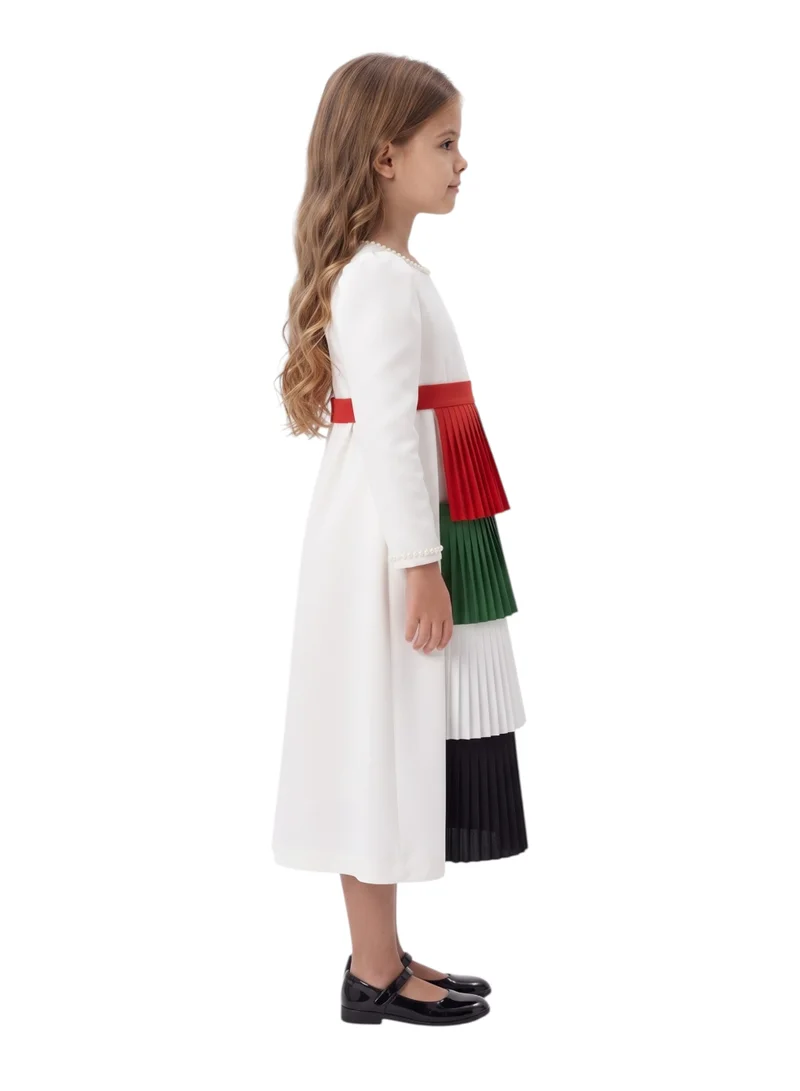 بيداني Girls 2-in-1 UAE National Day White Dress with Detachable Pleated Flag Skirt Panel