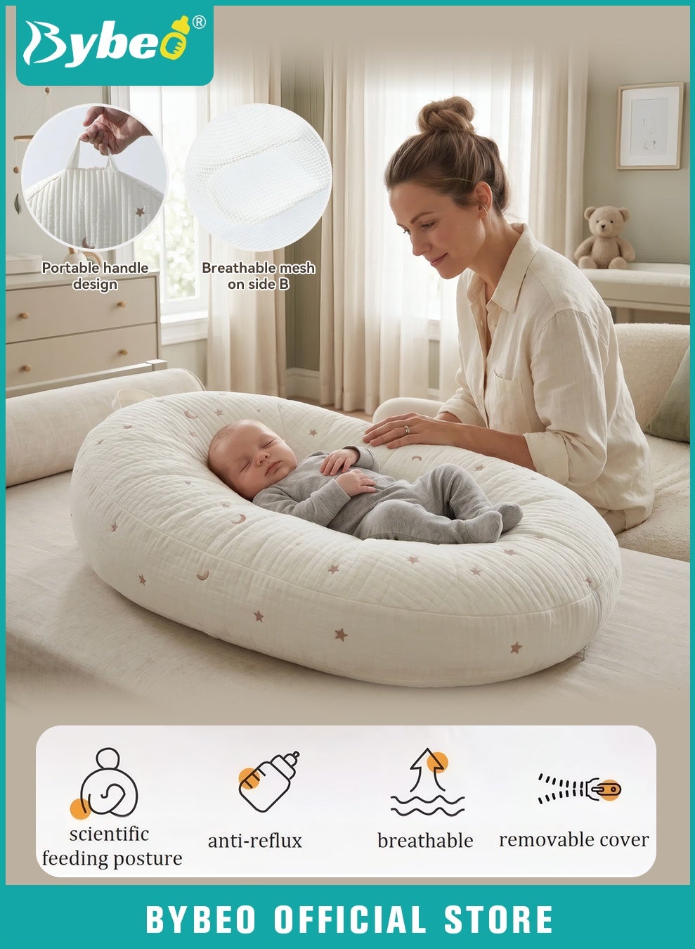 Bybeo Newborn Nursing Pillow, Multifunctional Baby Wedge Pillow, Double-Sided Anti-Reflux Baby Lounger, Baby Feeding Support Pillow for Bottle & Breast Feeding, Removable Cover, Star & Moon Pattern