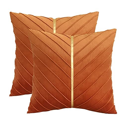Tosleo Burnt Orange Velvet Throw Pillow Covers 16x16 Pack of 2 with Gold Leather Christmas Decorative Couch Pillowcases Luxury Modern Soft Pillow Cover Spring Summer Home Decor for Sofa Bed - Image 1