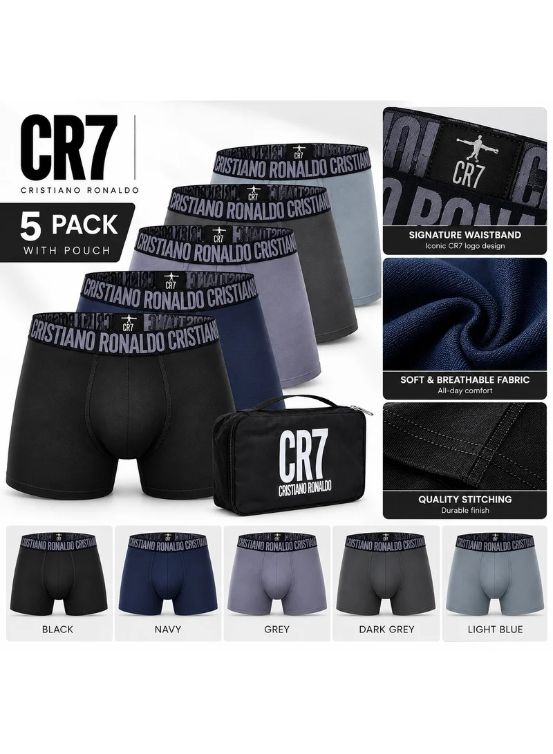 Cr7  CR7 Cristiano Ronaldo Men's Trunks Boxer Briefs, Pack of 5 with Pouch - Black, Navy, Grey, Dark Grey, Light Blue for Men | Best Price UAE