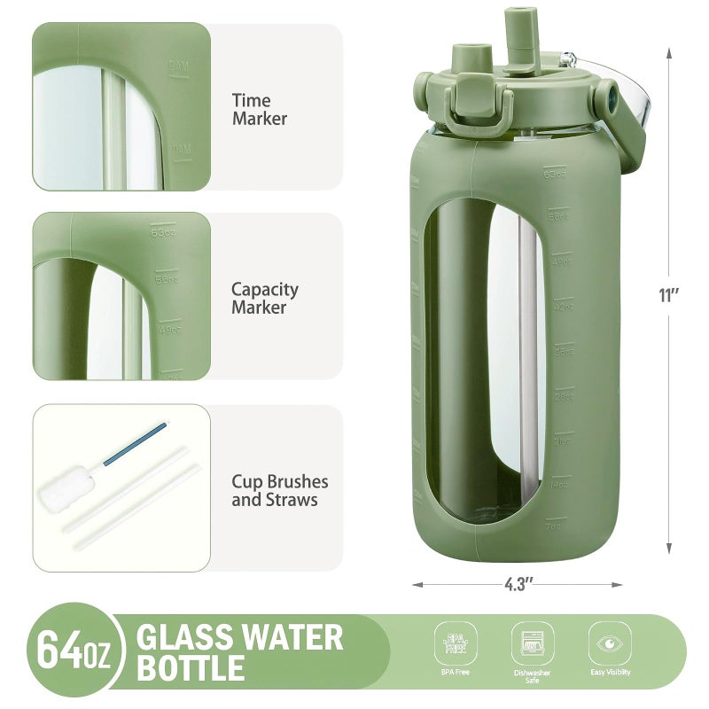 BLUEGO 64oz Glass Water Bottles with Straw Time Marker Half Gallon Large Motivational Water Bottle with Silicone Sleeve 2 Liter Large Glass Water Jug for Gym, Sports& Workout, Daily, 02 Olive - Image 4
