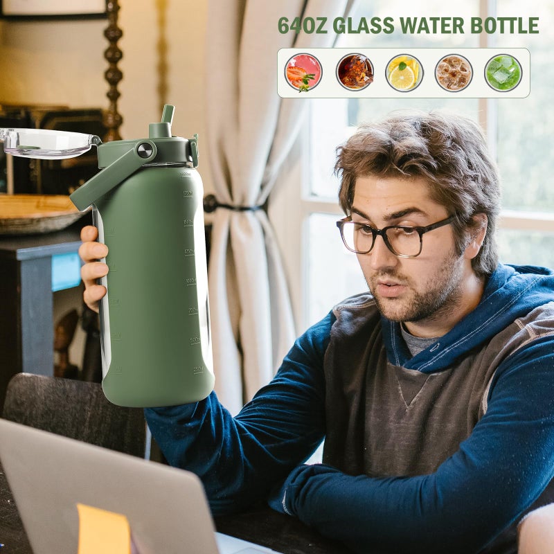 BLUEGO 64oz Glass Water Bottles with Straw Time Marker Half Gallon Large Motivational Water Bottle with Silicone Sleeve 2 Liter Large Glass Water Jug for Gym, Sports& Workout, Daily, 02 Olive - Image 5