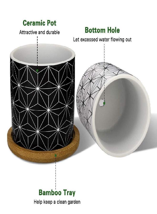 Lewondr Lewondr 4 Pack Succulent Plant Pots, 2.8 Inch Ceramic Mini Flower Pots Planter with Bamboo Tray for Small Plants Flowers Cactus, Home Decorations Décor - Geometry 01, Black & White 