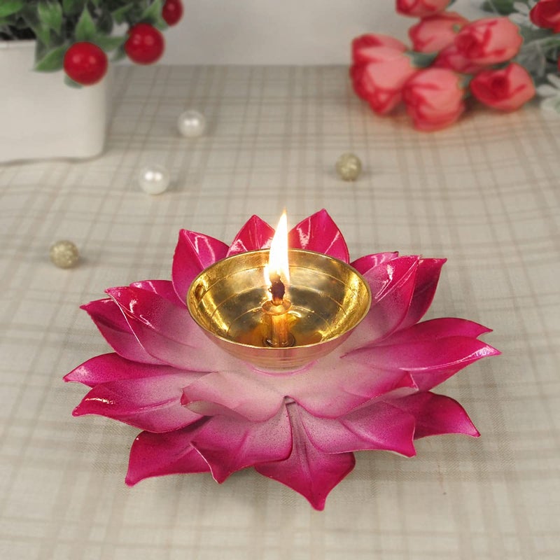 DEWA DEWA Lotus Design Brass Diya Lotus Shaped Brass Deepak Pink 6 inchesSet of 2  - Image 3