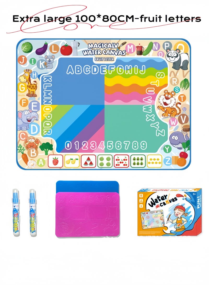 nihao Extra Large Magic Water Drawing Mat Set , Water Magic Learning Blanket Water Writing Cloth Children's Drawing Oversized Clear Water Repeated Graffiti Water Painting Blanket Set 100*80CM - Fruit Letters - Image 1