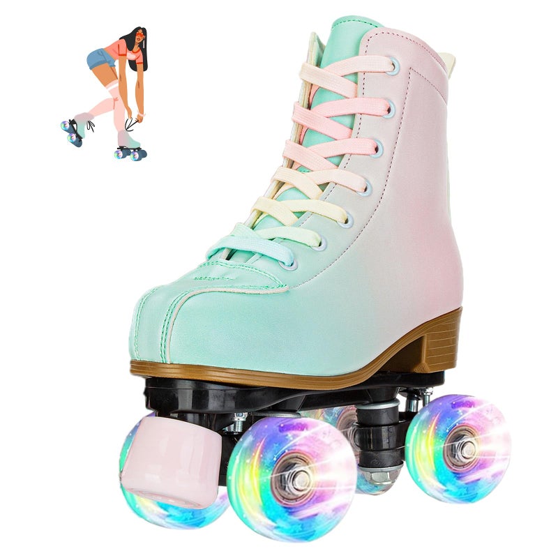 jessie Roller Skates for Girl and Women, PU Leather Fantastic Flash Wheel Kid Roller Skates Girls Ages 6-12 Beginner for Indoor Outdoor (Green Pink 32) - Image 1