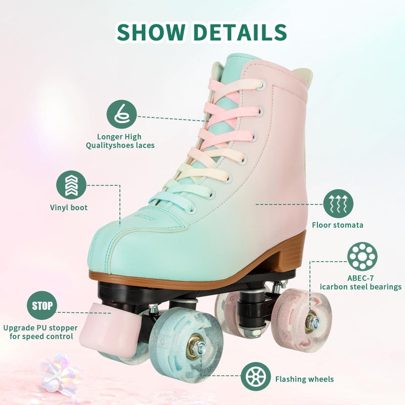 jessie Roller Skates for Girl and Women, PU Leather Fantastic Flash Wheel Kid Roller Skates Girls Ages 6-12 Beginner for Indoor Outdoor (Green Pink 32) - Image 2