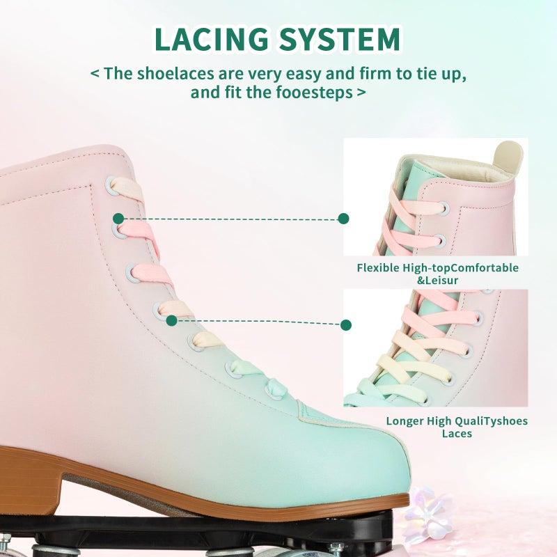 jessie Roller Skates for Girl and Women, PU Leather Fantastic Flash Wheel Kid Roller Skates Girls Ages 6-12 Beginner for Indoor Outdoor (Green Pink 32) - Image 4