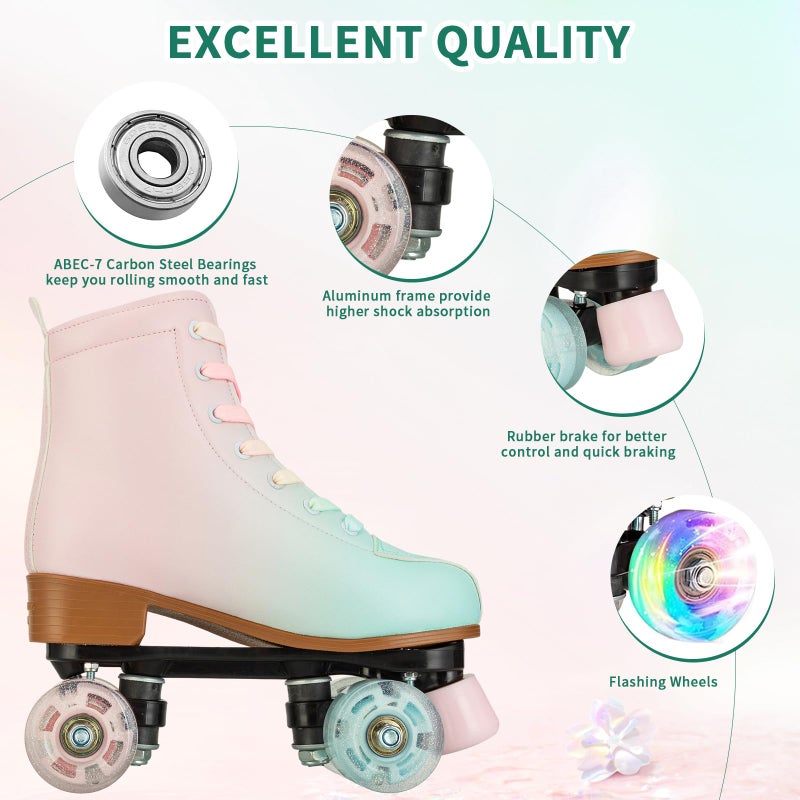 jessie Roller Skates for Girl and Women, PU Leather Fantastic Flash Wheel Kid Roller Skates Girls Ages 6-12 Beginner for Indoor Outdoor (Green Pink 32) - Image 3