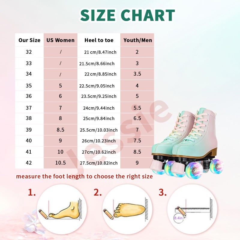 jessie Roller Skates for Girl and Women, PU Leather Fantastic Flash Wheel Kid Roller Skates Girls Ages 6-12 Beginner for Indoor Outdoor (Green Pink 32) - Image 5