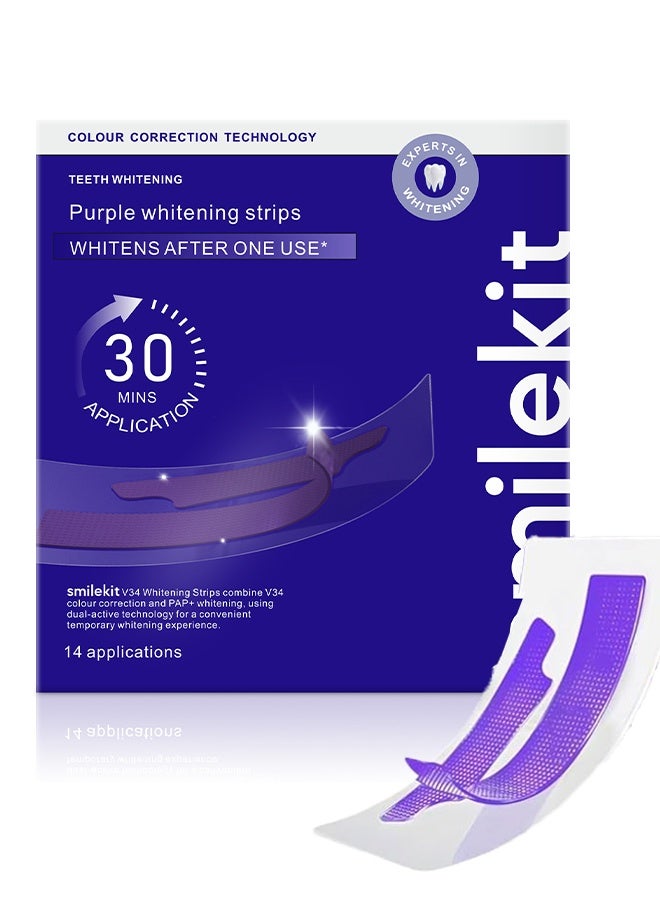 SMILEKIT 14 Applications Purple Teeth Whitening Strips, Colour Correcting Whitening, Peroxide Free & Enamel Safe for Sensitive Teeth, Removes Coffee Tea Wine & Smoking Stains - Image 1