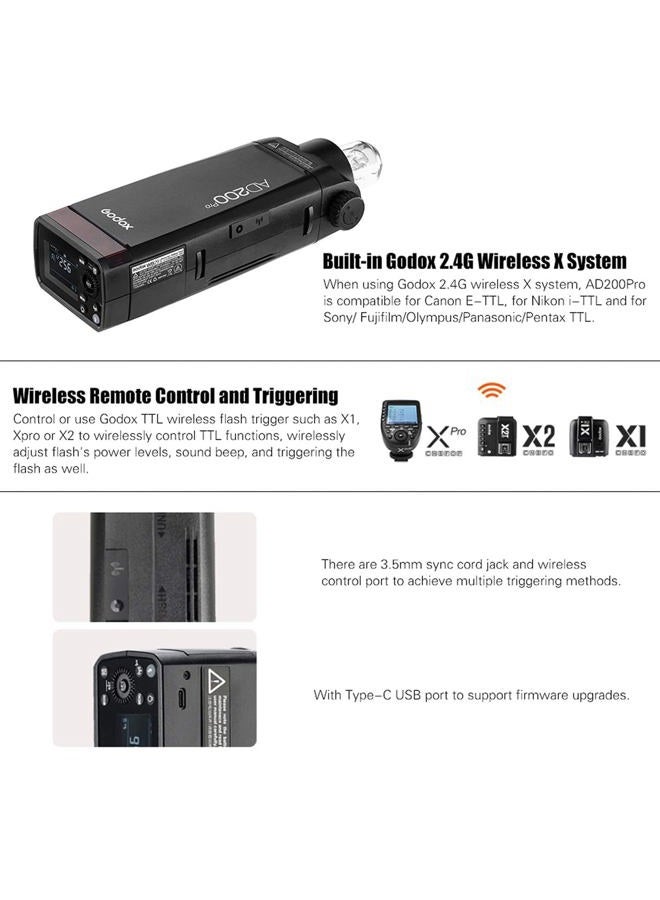 Godox Godox AD200 Pro AD200Pro Flash Strobe, TTL Pocket Flash Monolight, 200W 2.4G Speedlite HSS 1/8000s 2900mAh Li-ion Battery, 500 Full Power Flashes, Bare Bulb/Speedlite Fresnel Flash Head - Image 3