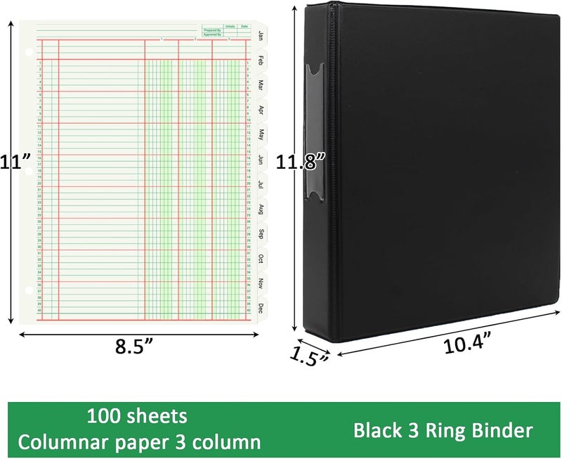 suituts 100 Sheets Accounting Ledger Paper with 3 Ring Binder and Monthly Tabs, 3 Column Columnar Analysis Pads, Refillable Accounting Ledger Notebook (8.5X11 Inch) - Image 2