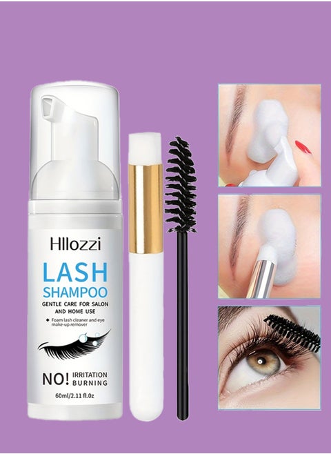 60ml Lash Shampoo Kit Eyelash Shampoo with Cleaning Brush and Mascara Foam Lash Extension Cleanser Gentle No Irritation Shampoo for Professional and Home Use Eyelash Extension Cleanser Kit