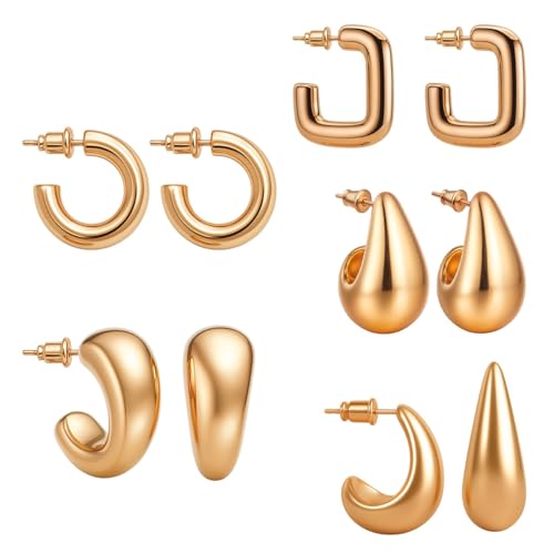 VAMA FASHIONS 5 Pairs Trendy Hypoallergenic Chunky Thick Open Hoop Huggies Stud Tear Drop Lightweight Ear Earrings Set for Women & Girls (Rose Gold Plated Tear Drop Earring) - Image 1
