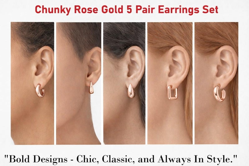 VAMA FASHIONS 5 Pairs Trendy Hypoallergenic Chunky Thick Open Hoop Huggies Stud Tear Drop Lightweight Ear Earrings Set for Women & Girls (Rose Gold Plated Tear Drop Earring) - Image 2