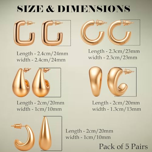 VAMA FASHIONS 5 Pairs Trendy Hypoallergenic Chunky Thick Open Hoop Huggies Stud Tear Drop Lightweight Ear Earrings Set for Women & Girls (Rose Gold Plated Tear Drop Earring) - Image 3