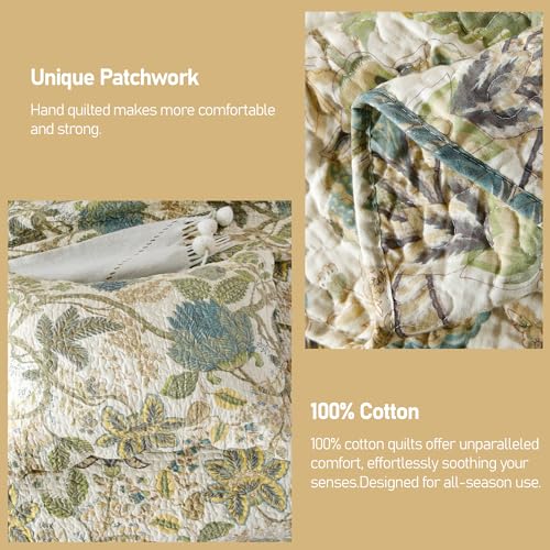 DURLENGEN Forest 100% Cotton King Quilt 3Pcs,Bohemian Reversible Leaves & Flowers Pattern on White, Luxury Lightweight Coverlet Sets for All Season(King 106x96,Forest) - Image 2