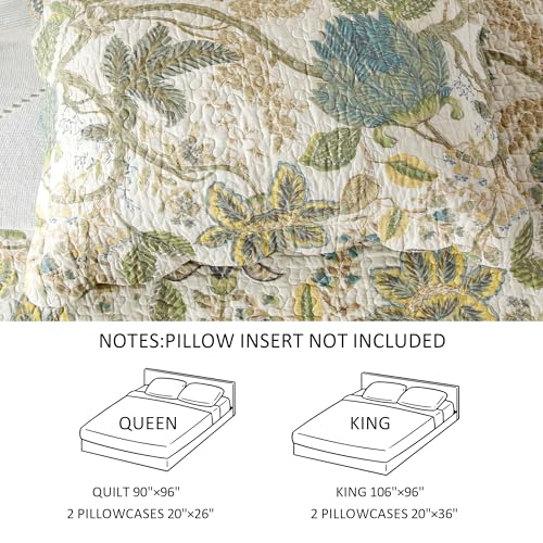 DURLENGEN Forest 100% Cotton King Quilt 3Pcs,Bohemian Reversible Leaves & Flowers Pattern on White, Luxury Lightweight Coverlet Sets for All Season(King 106x96,Forest) - Image 3