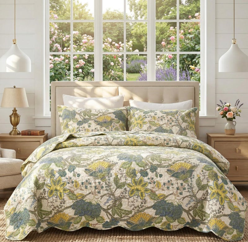 DURLENGEN Forest 100% Cotton King Quilt 3Pcs,Bohemian Reversible Leaves & Flowers Pattern on White, Luxury Lightweight Coverlet Sets for All Season(King 106x96,Forest) - Image 1