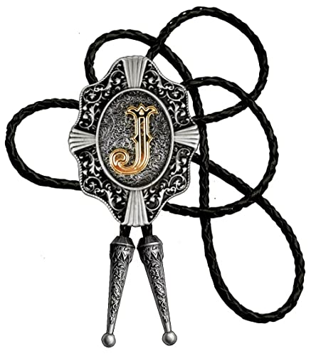 Moranse Golden Initial Letters in Flower Nursery Cowboy Bolo Tie with Cowhide Rope(J Silver,Silver Style) - Image 3