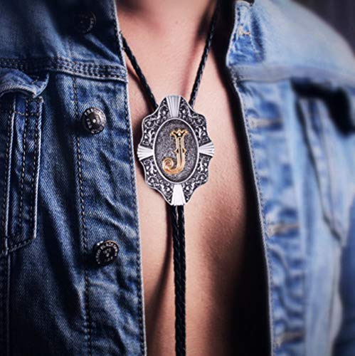Moranse Golden Initial Letters in Flower Nursery Cowboy Bolo Tie with Cowhide Rope(J Silver,Silver Style) - Image 5