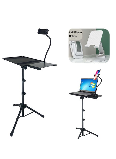 Projector Stand Tripod, Laptop Tripod Stand Adjustable Height from 23.5 to 49.5 inches with Folding Tray and Mouse Tray, Projector Tripod Stand with Cell Phone Hose Clip for Office Home Stage, Black