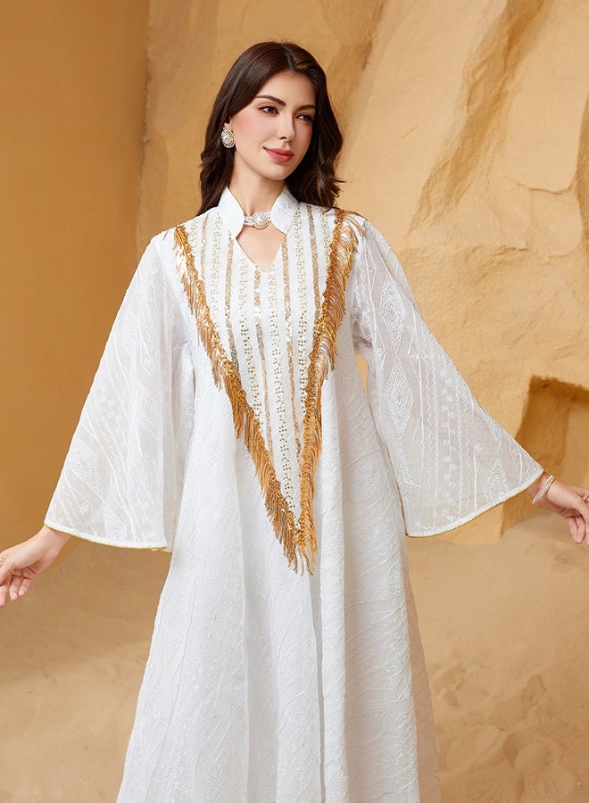 جيوان المرأة الباعثات التصفيح ماكسي المسلمة Tassel الشبكة بتلة الأكمام الطويل رقيقة تناسب العادية أبايا كافتان الفساتين - Image 4