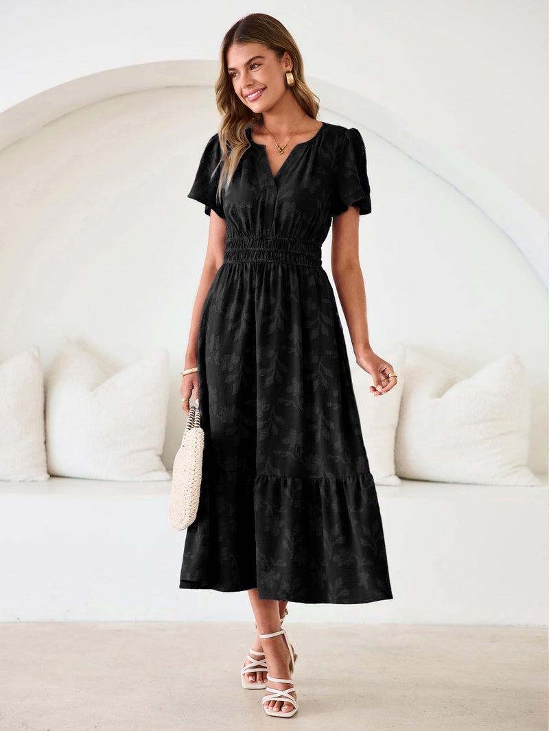 Simplee Womens Summer Boho Maxi Dress Semi Formal Wedding Guest Short Sleeve V Neck Empire Waist Floral Long Dresses Black S - Image 2