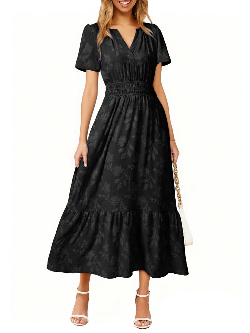 Simplee Womens Summer Boho Maxi Dress Semi Formal Wedding Guest Short Sleeve V Neck Empire Waist Floral Long Dresses Black S - Image 1