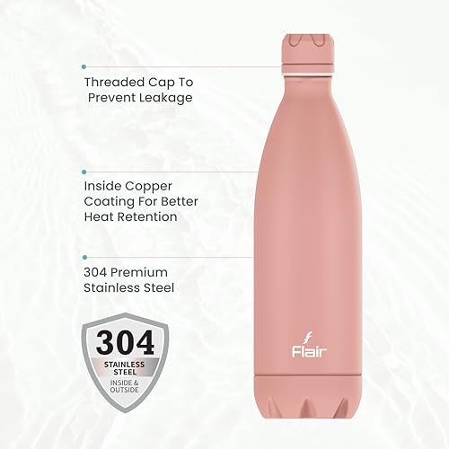 Flair Pastel Pink Double Wall Vacuum Insulated Stainless Steel Flask - 1000ml, BIS Certified, 1Ltr, Leak-Proof, BPA-Free, Rust-Free, 304 Stainless Steel, 24 Hrs Hot & Cold, School, Gym - Image 4
