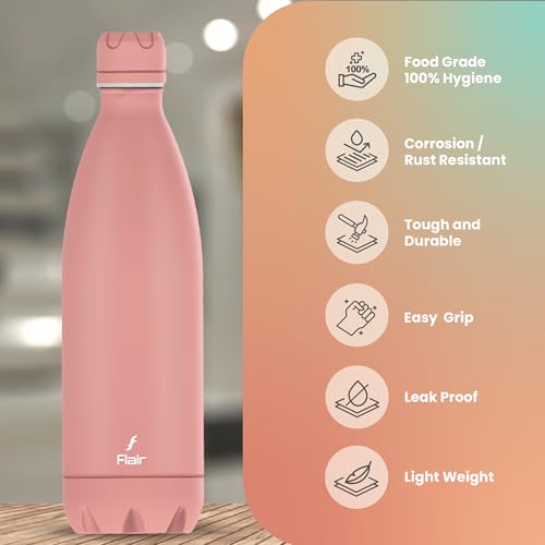 Flair Pastel Pink Double Wall Vacuum Insulated Stainless Steel Flask - 1000ml, BIS Certified, 1Ltr, Leak-Proof, BPA-Free, Rust-Free, 304 Stainless Steel, 24 Hrs Hot & Cold, School, Gym - Image 2